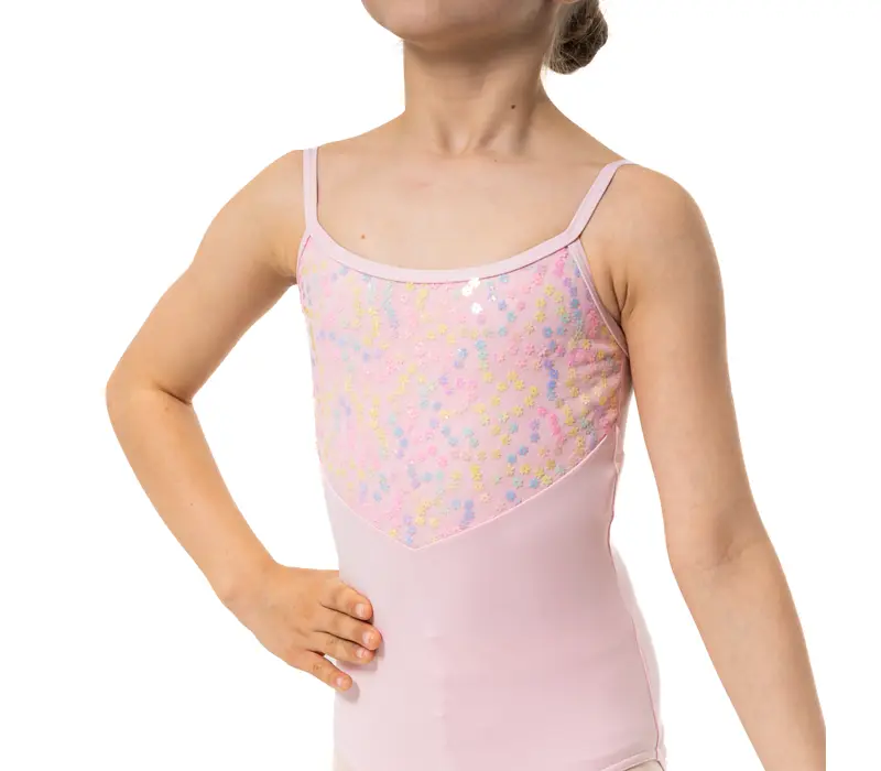 Capezio Lake leotard, dres pentru fetițe cu bretele subțiri și model floral - Roz Capezio