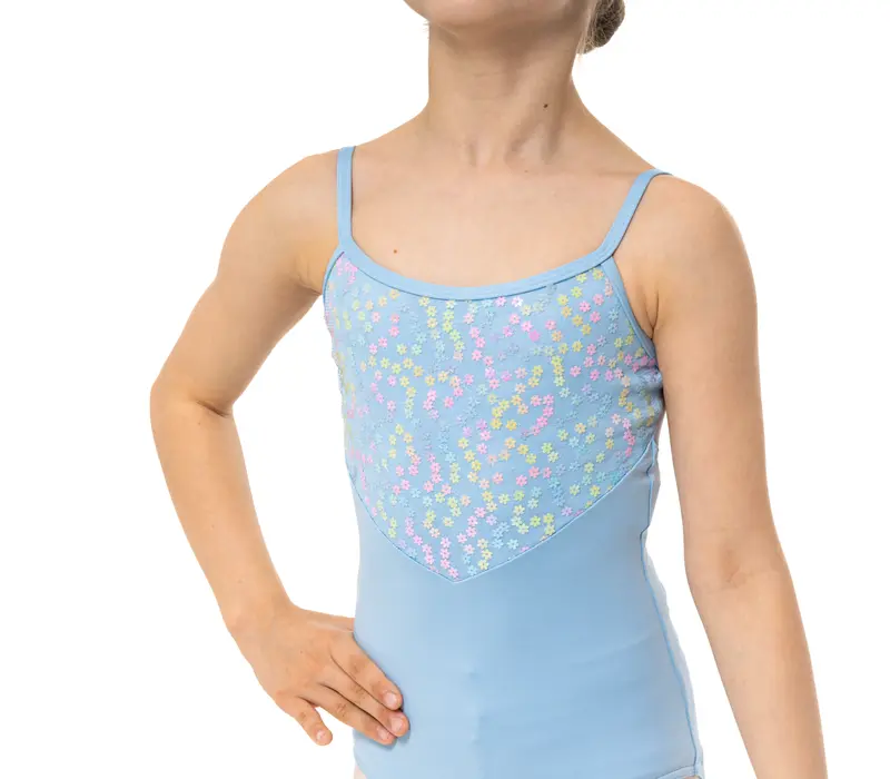 Capezio Lake leotard, dres pentru fetițe cu bretele subțiri și model floral - Albastru închis Capezio