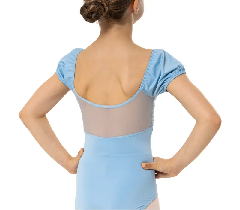 Capezio Lotus leotard, dres pentru fetițe cu mânecă scurtă și imprimeu floral Capezio Lotus leotard, dres pentru fetițe cu mânecă scurtă și imprimeu floral - Albastru închis Capezio