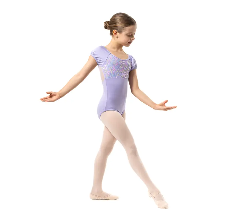 Capezio Lotus leotard, dres pentru fetițe cu mânecă scurtă și imprimeu floral Capezio Lotus leotard, dres pentru fetițe cu mânecă scurtă și imprimeu floral - Lavanda