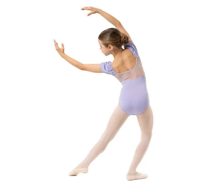 Capezio Lotus leotard, dres pentru fetițe cu mânecă scurtă și imprimeu floral Capezio Lotus leotard, dres pentru fetițe cu mânecă scurtă și imprimeu floral - Lavanda