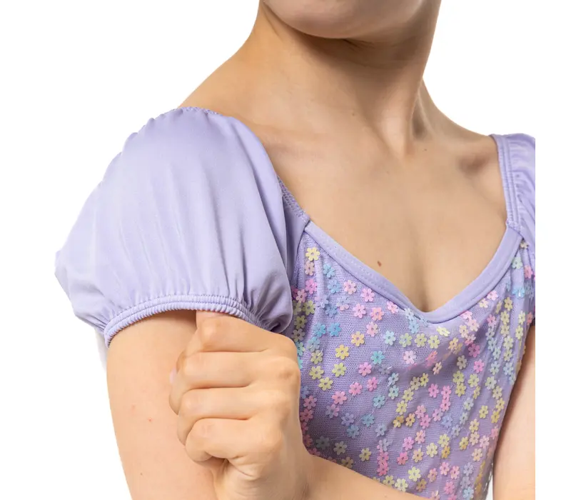 Capezio Lotus leotard, dres pentru fetițe cu mânecă scurtă și imprimeu floral - Lavanda Capezio Lotus leotard, dres pentru fetițe cu mânecă scurtă și imprimeu floral - Lavanda