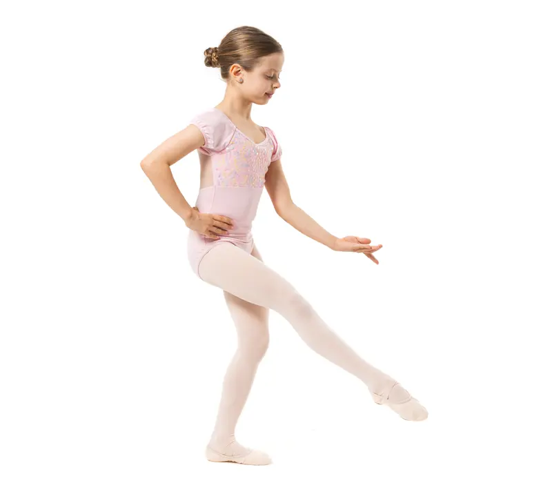 Capezio Lotus leotard, dres pentru fetițe cu mânecă scurtă și imprimeu floral Capezio Lotus leotard, dres pentru fetițe cu mânecă scurtă și imprimeu floral - Roz Capezio