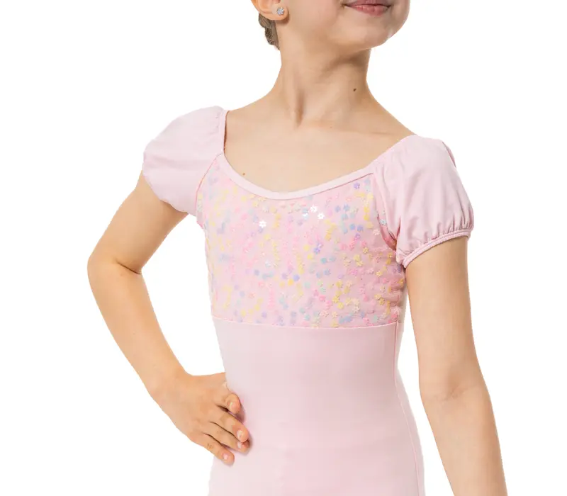 Capezio Lotus leotard, dres pentru fetițe cu mânecă scurtă și imprimeu floral - Roz Capezio Capezio Lotus leotard, dres pentru fetițe cu mânecă scurtă și imprimeu floral - Roz Capezio