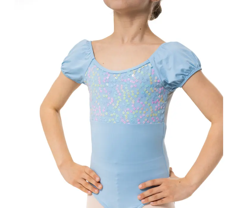 Capezio Lotus leotard, dres pentru fetițe cu mânecă scurtă și imprimeu floral - Albastru închis Capezio Capezio Lotus leotard, dres pentru fetițe cu mânecă scurtă și imprimeu floral - Albastru închis Capezio