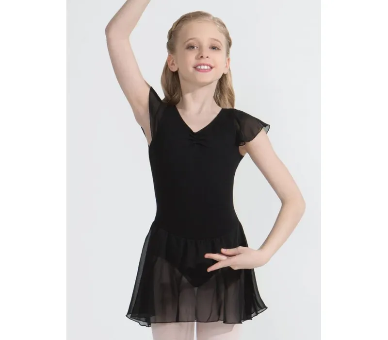 Capezio flutter sleeve dress, costum de balet cu fustă - Negru